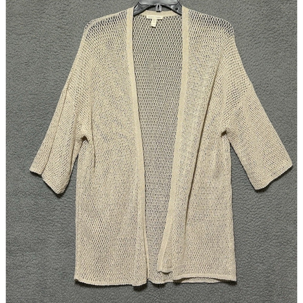Eileen Fisher Womens XS Beige Cotton Open Front Open Knit 3/4 Sleeve Cardigan